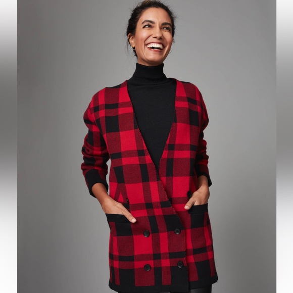 NWT UNTUCKit Chloe Red Black Buffalo Plaid Blazer Knit Sweater Jacket Size S/M - Picture 2 of 9